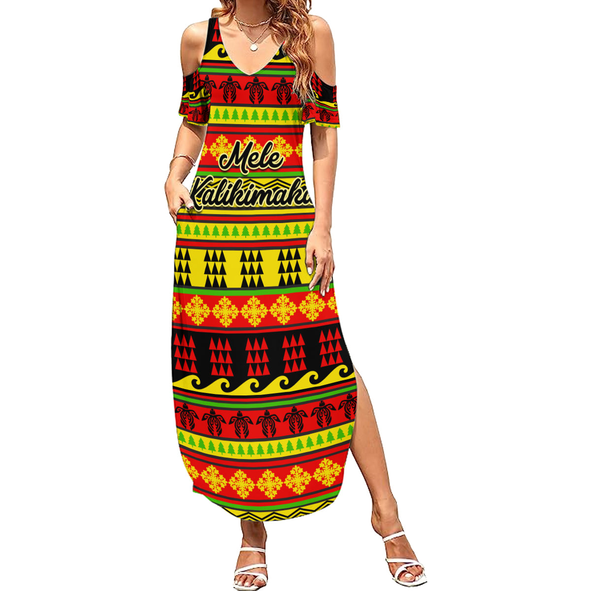 Custom Hawaii Christmas Family Matching Summer Maxi Dress and Hawaiian Shirt Hawaiian Quilt Pattern Reggae Version LT01 Mom's Dress Art - Polynesian Pride