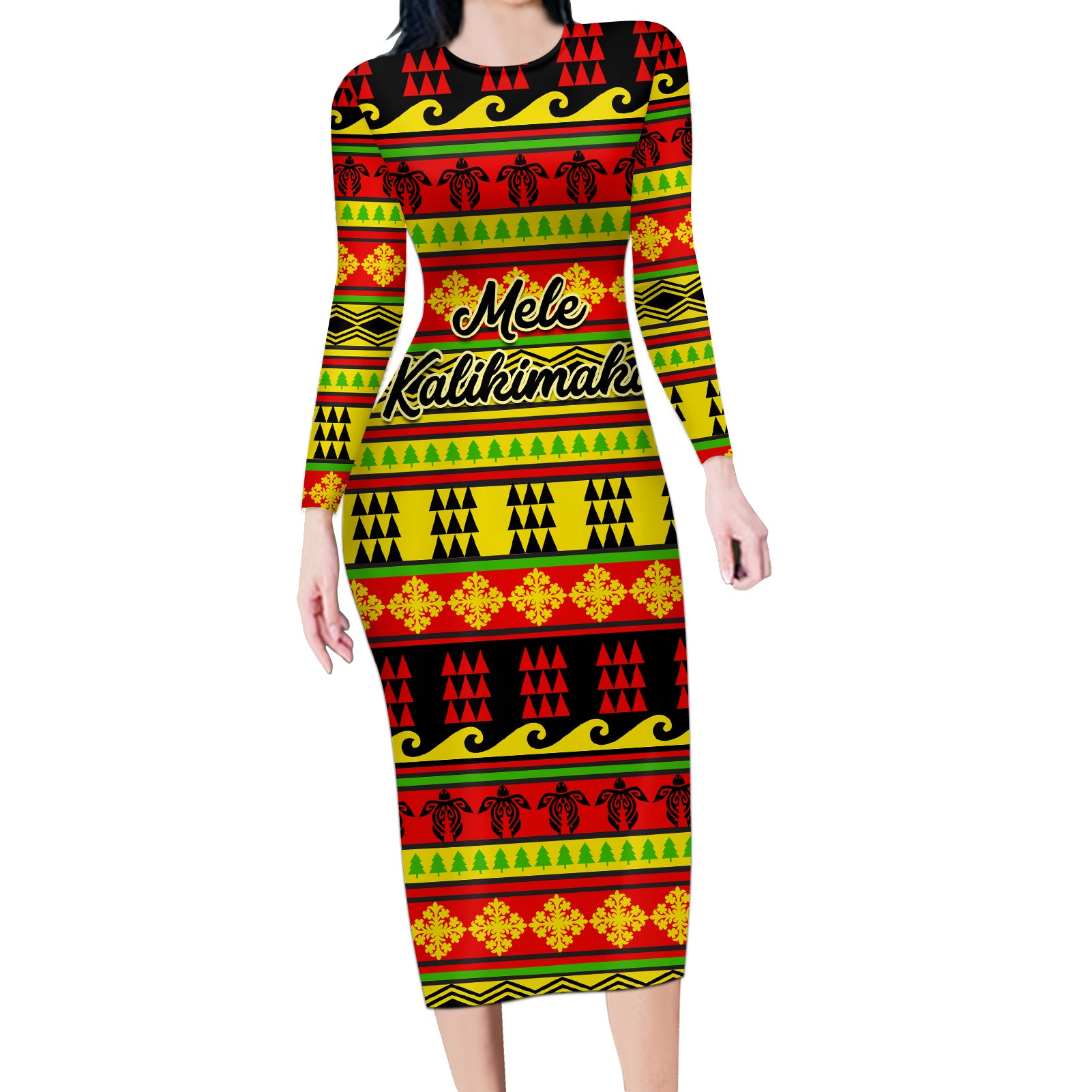 Custom Hawaii Christmas Long Sleeve Bodycon Dress Hawaiian Quilt Pattern Reggae Version LT01 Long Dress Art - Polynesian Pride