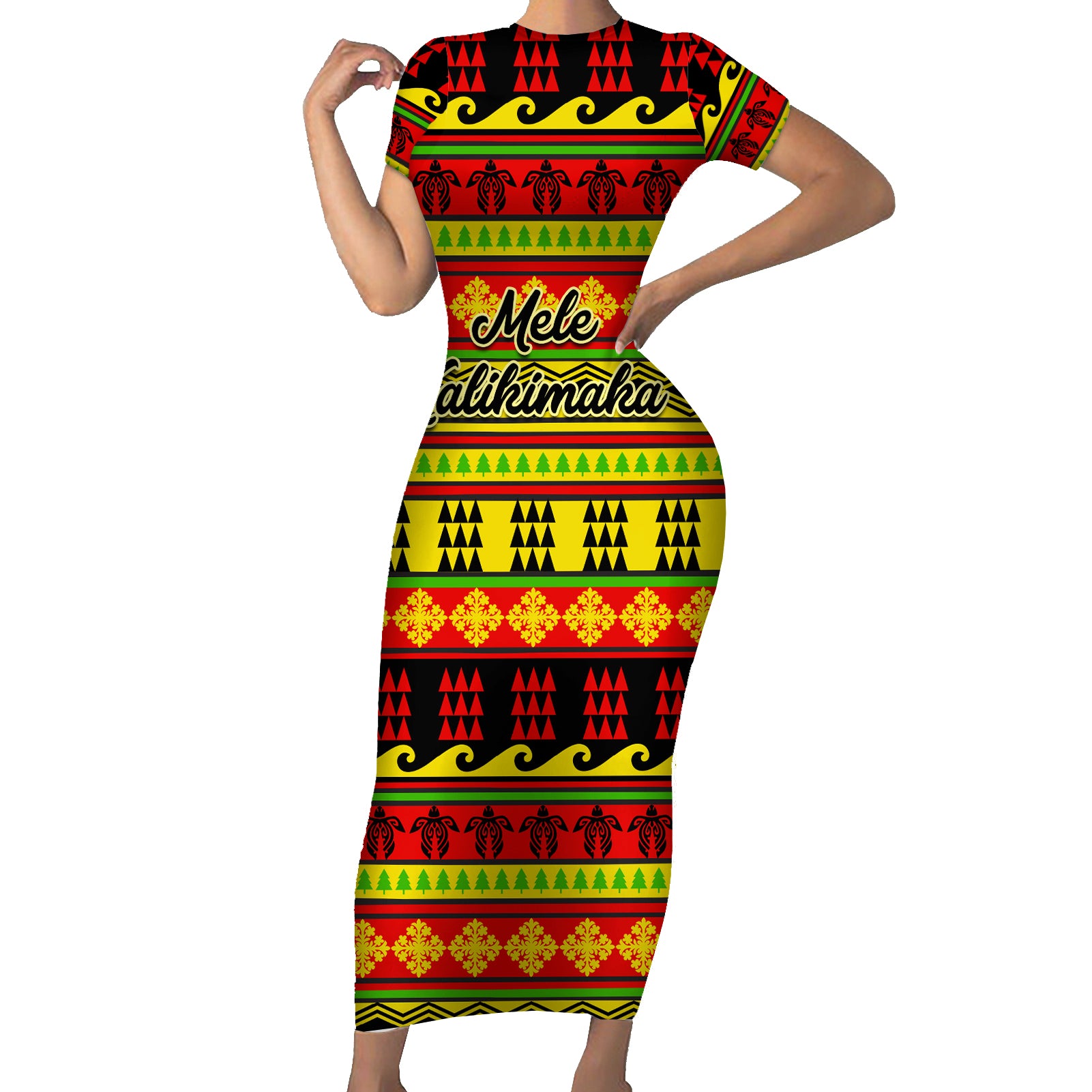 Custom Hawaii Christmas Short Sleeve Bodycon Dress Hawaiian Quilt Pattern Reggae Version LT01 Long Dress Art - Polynesian Pride