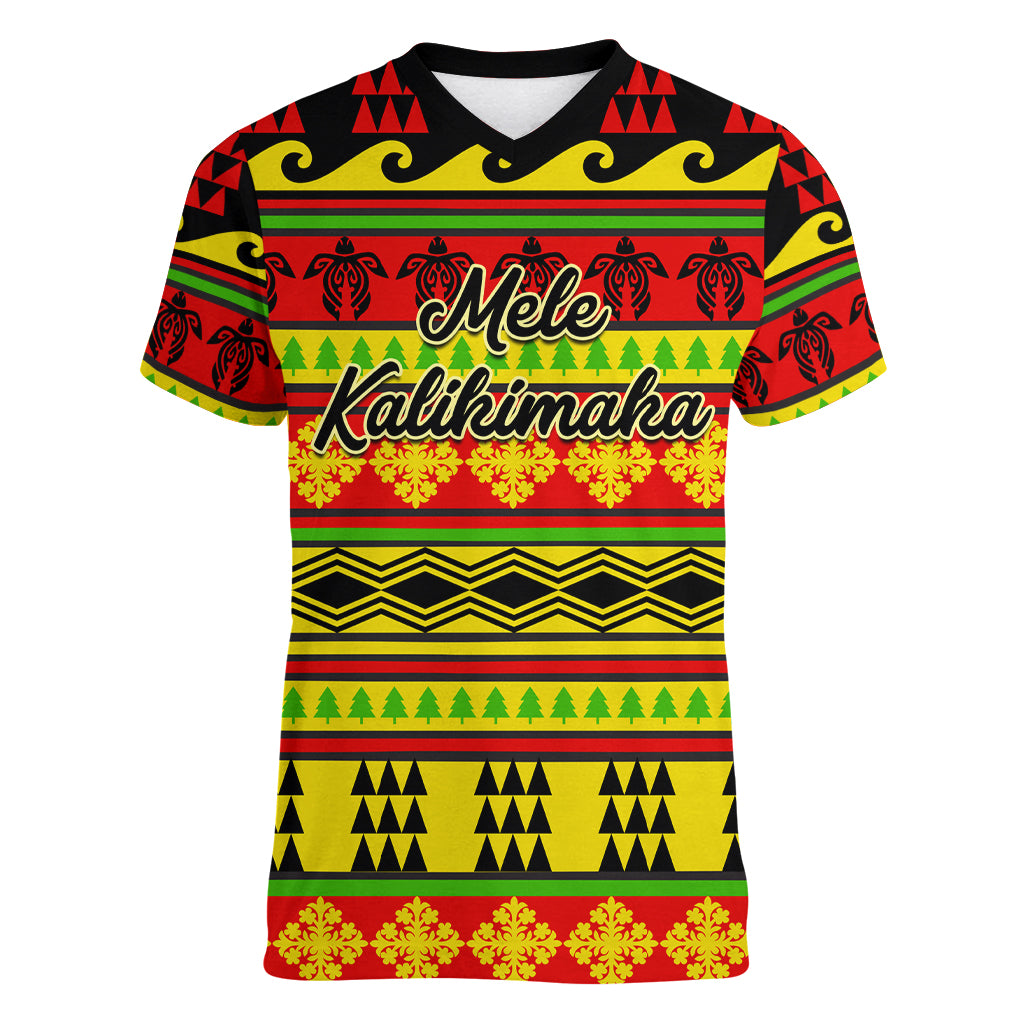 Custom Hawaii Christmas Women V Neck T Shirt Hawaiian Quilt Pattern Reggae Version LT01 Female Art - Polynesian Pride