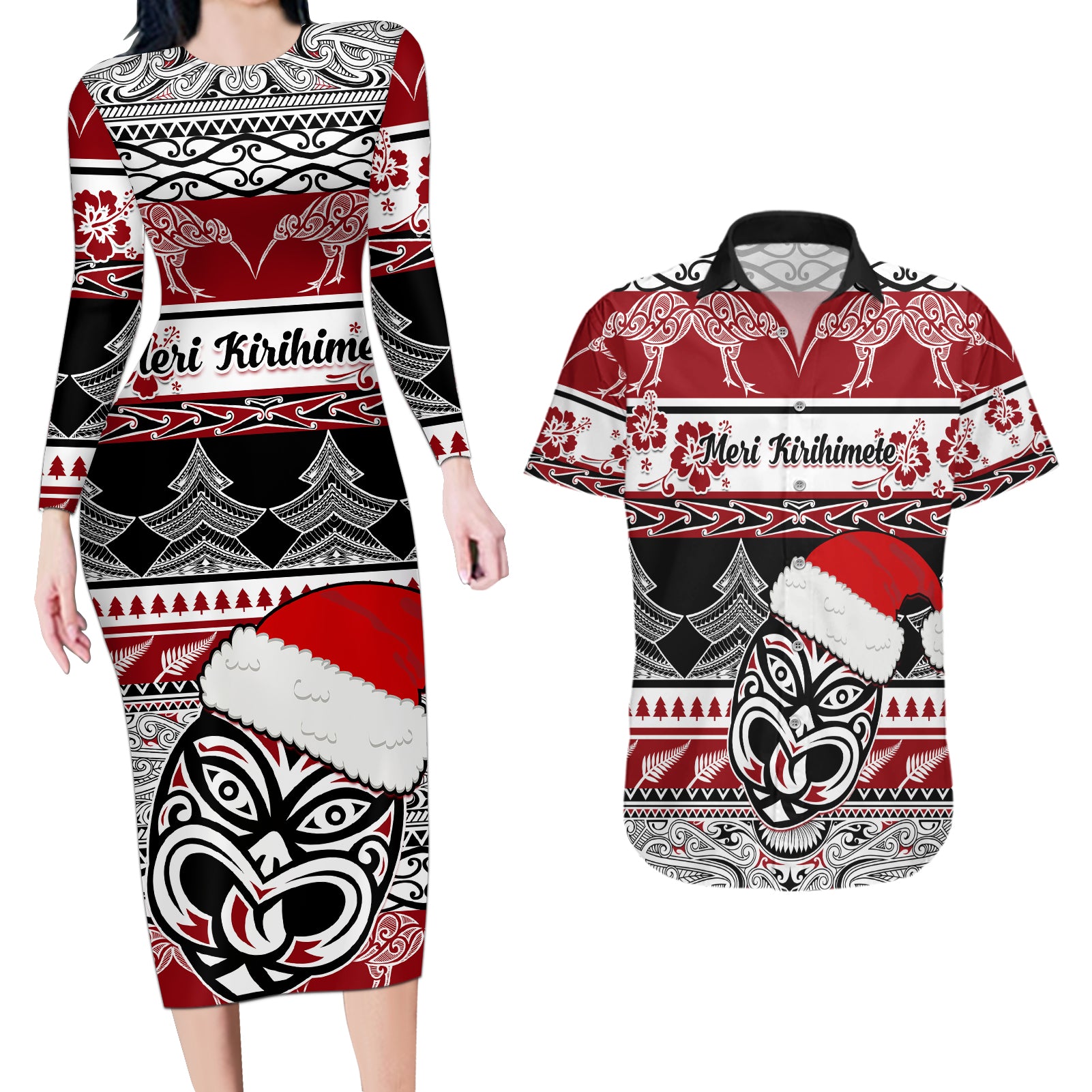 Custom New Zealand Christmas Couples Matching Long Sleeve Bodycon Dress and Hawaiian Shirt Maori Meri Kirihimete Moko LT01 Red - Polynesian Pride