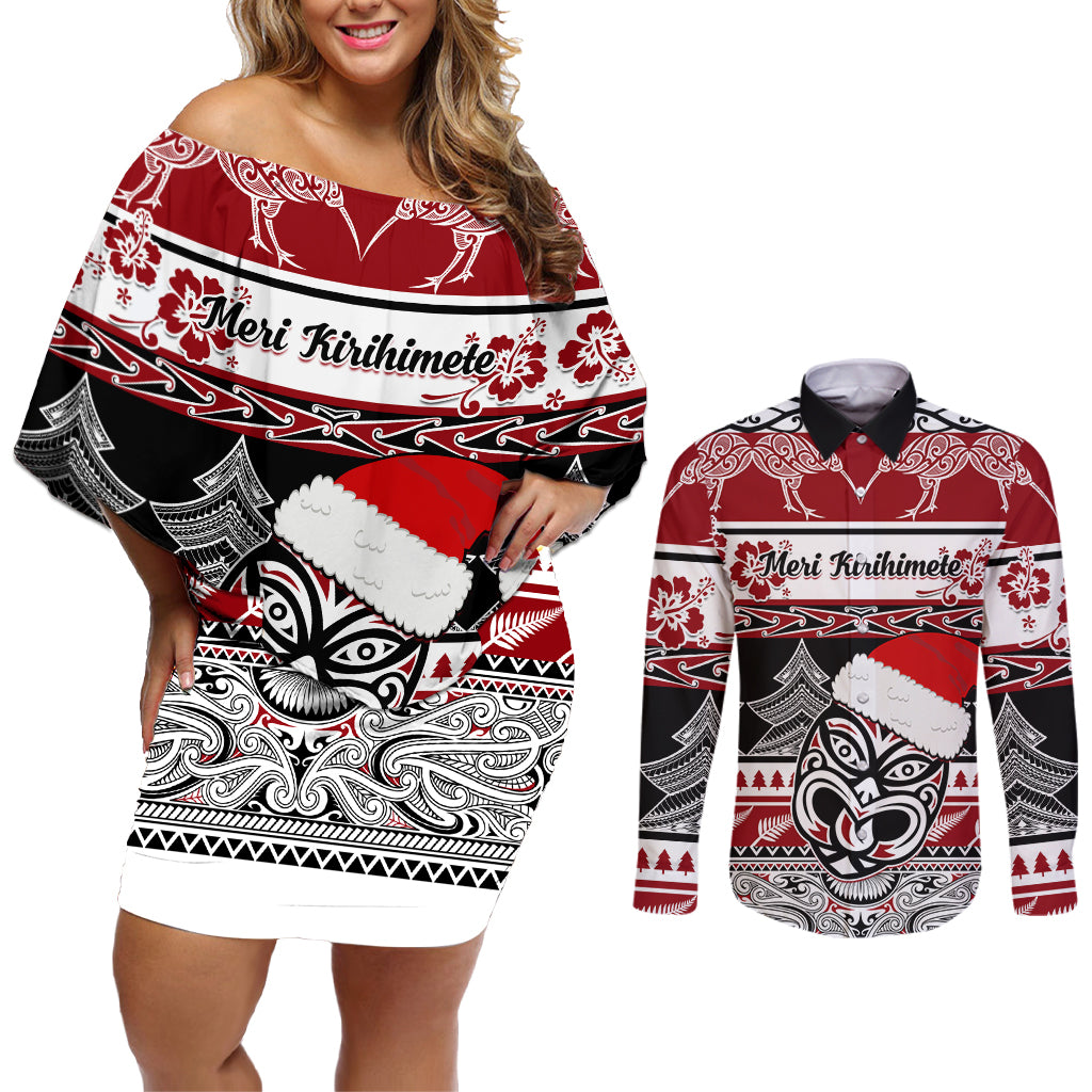 Custom New Zealand Christmas Couples Matching Off Shoulder Short Dress and Long Sleeve Button Shirt Maori Meri Kirihimete Moko LT01 Red - Polynesian Pride