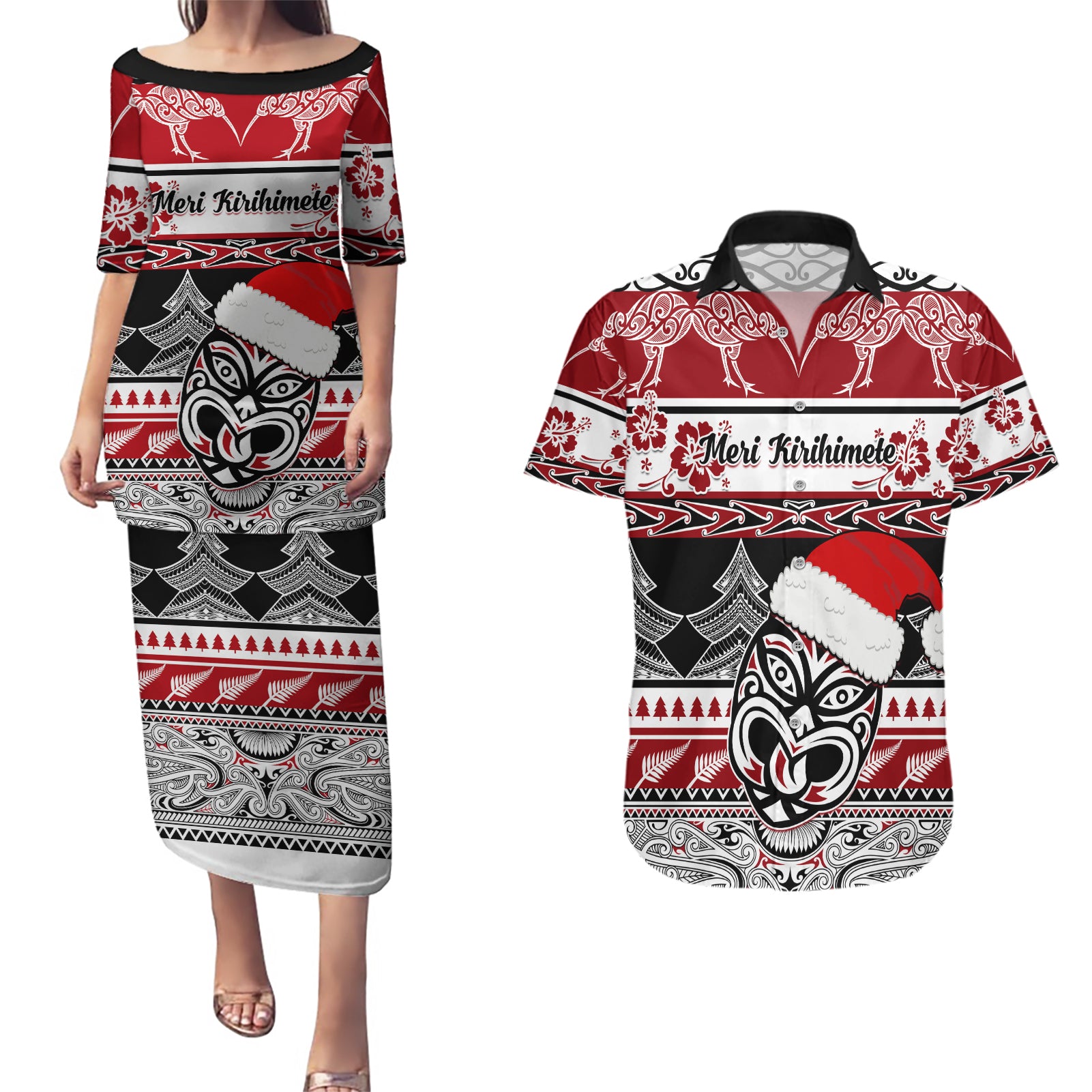 Custom New Zealand Christmas Couples Matching Puletasi Dress and Hawaiian Shirt Maori Meri Kirihimete Moko LT01 Red - Polynesian Pride