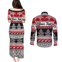 Custom New Zealand Christmas Couples Matching Puletasi Dress and Long Sleeve Button Shirt Maori Meri Kirihimete Moko LT01 - Polynesian Pride