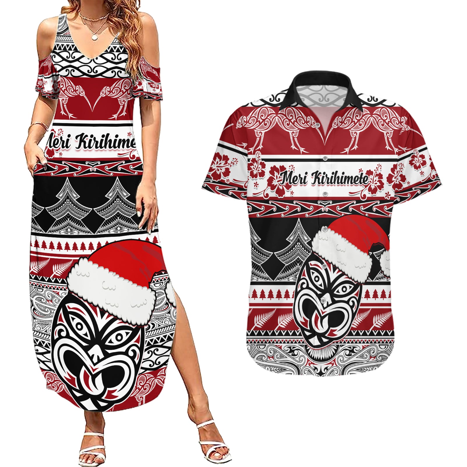 Custom New Zealand Christmas Couples Matching Summer Maxi Dress and Hawaiian Shirt Maori Meri Kirihimete Moko LT01 Red - Polynesian Pride