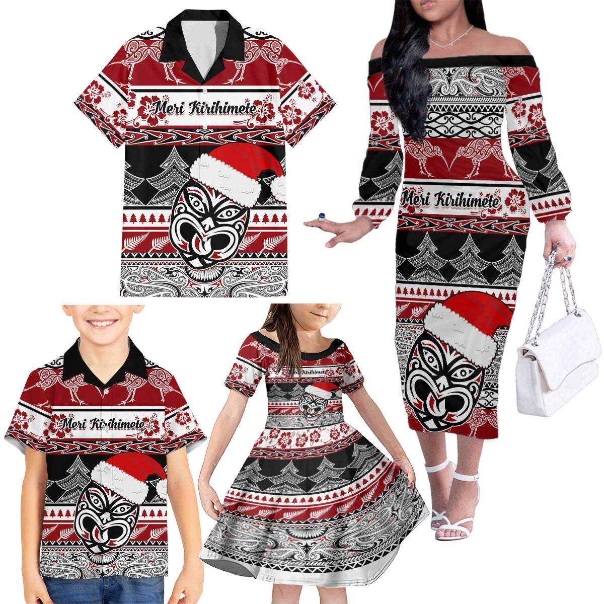 Custom New Zealand Christmas Family Matching Off Shoulder Long Sleeve Dress and Hawaiian Shirt Maori Meri Kirihimete Moko LT01 - Polynesian Pride