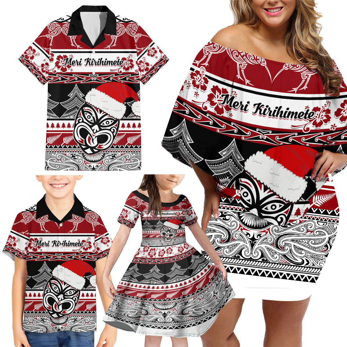 Custom New Zealand Christmas Family Matching Off Shoulder Short Dress and Hawaiian Shirt Maori Meri Kirihimete Moko LT01 - Polynesian Pride