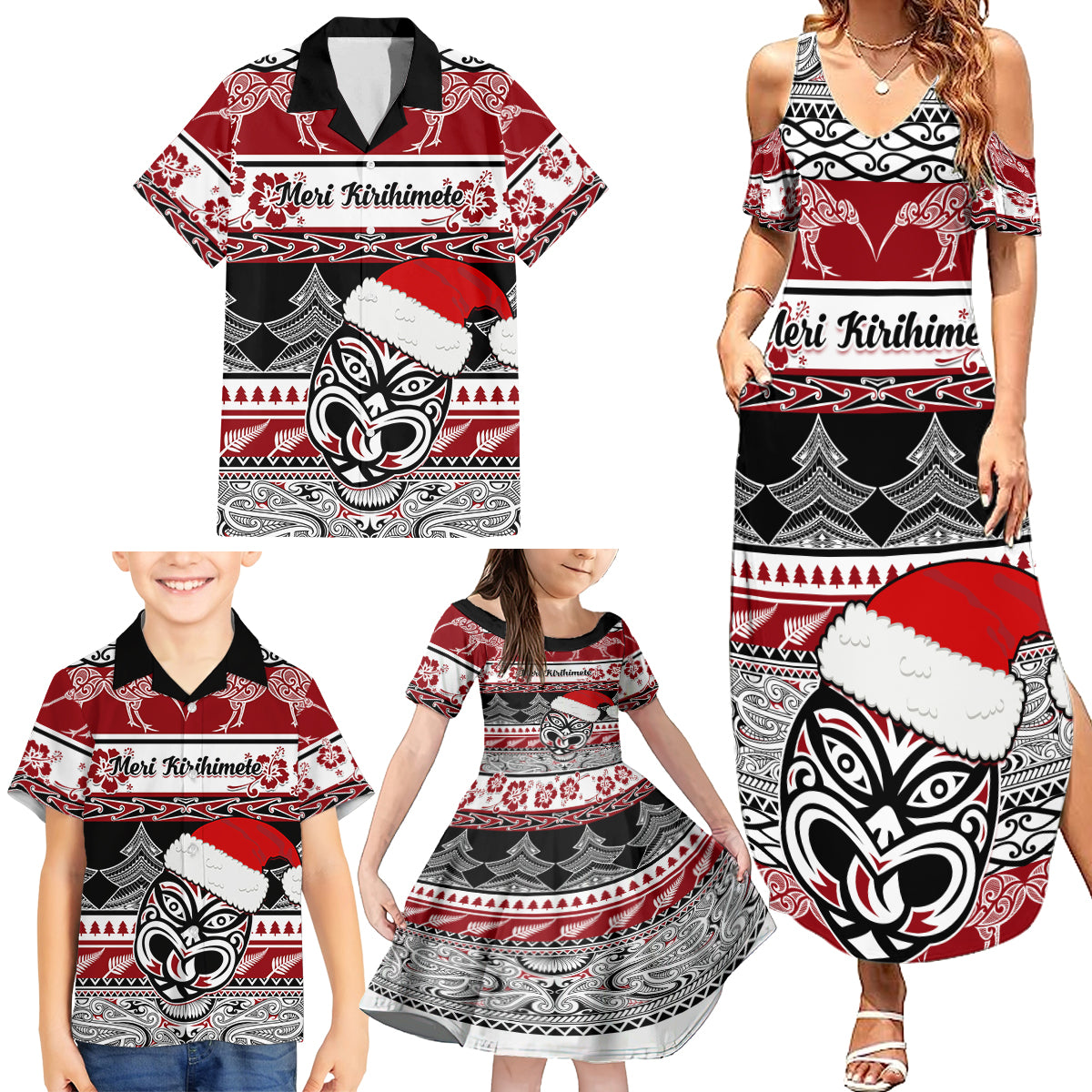 Custom New Zealand Christmas Family Matching Summer Maxi Dress and Hawaiian Shirt Maori Meri Kirihimete Moko LT01 - Polynesian Pride