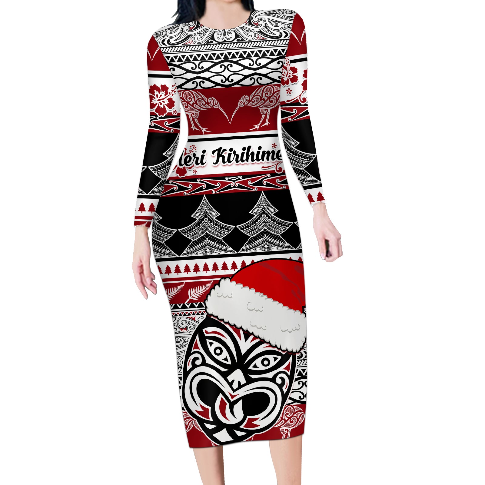 Custom New Zealand Christmas Long Sleeve Bodycon Dress Maori Meri Kirihimete Moko LT01 Long Dress Red - Polynesian Pride