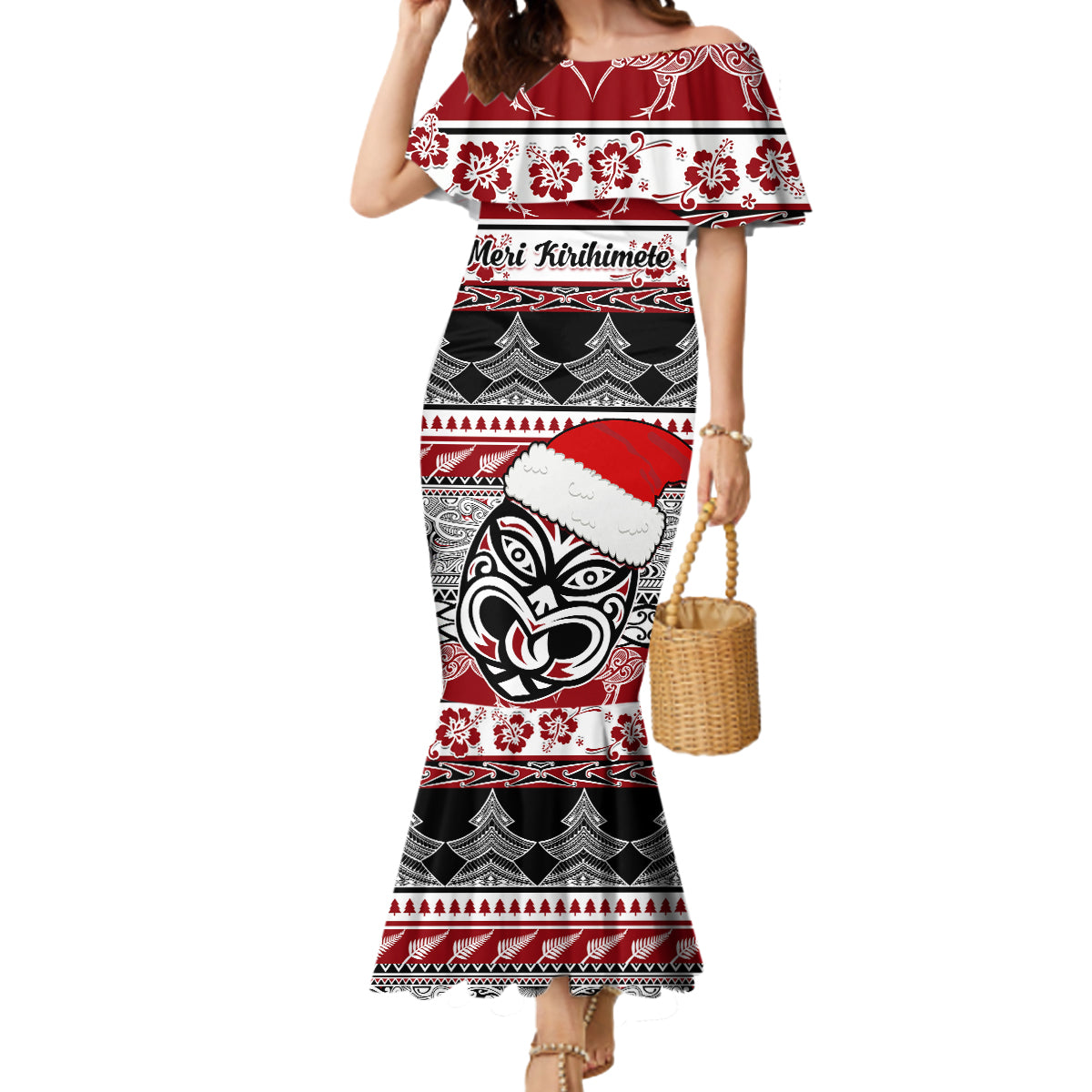 Custom New Zealand Christmas Mermaid Dress Maori Meri Kirihimete Moko LT01 Women Red - Polynesian Pride