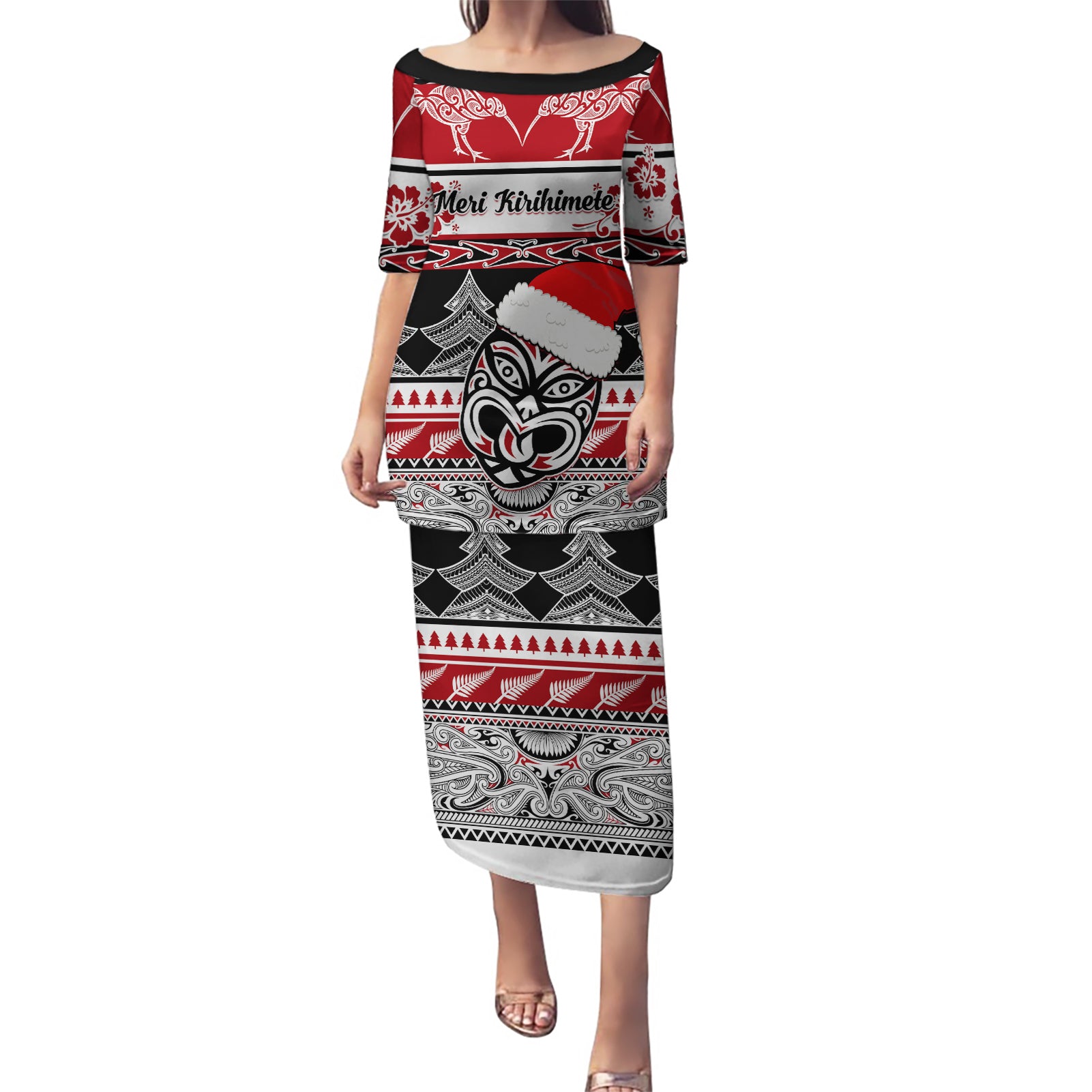 Custom New Zealand Christmas Puletasi Maori Meri Kirihimete Moko LT01 Long Dress Red - Polynesian Pride