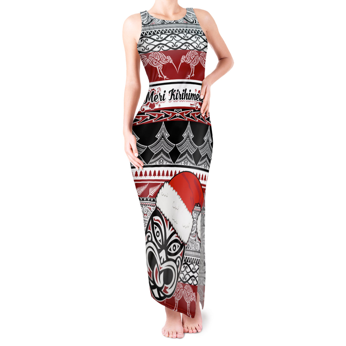 Custom New Zealand Christmas Tank Maxi Dress Maori Meri Kirihimete Moko LT01 Women Red - Polynesian Pride