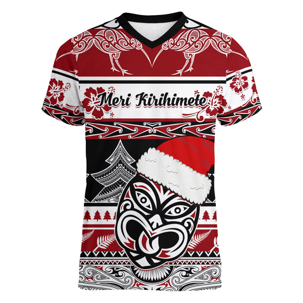 Custom New Zealand Christmas Women V Neck T Shirt Maori Meri Kirihimete Moko LT01 Female Red - Polynesian Pride