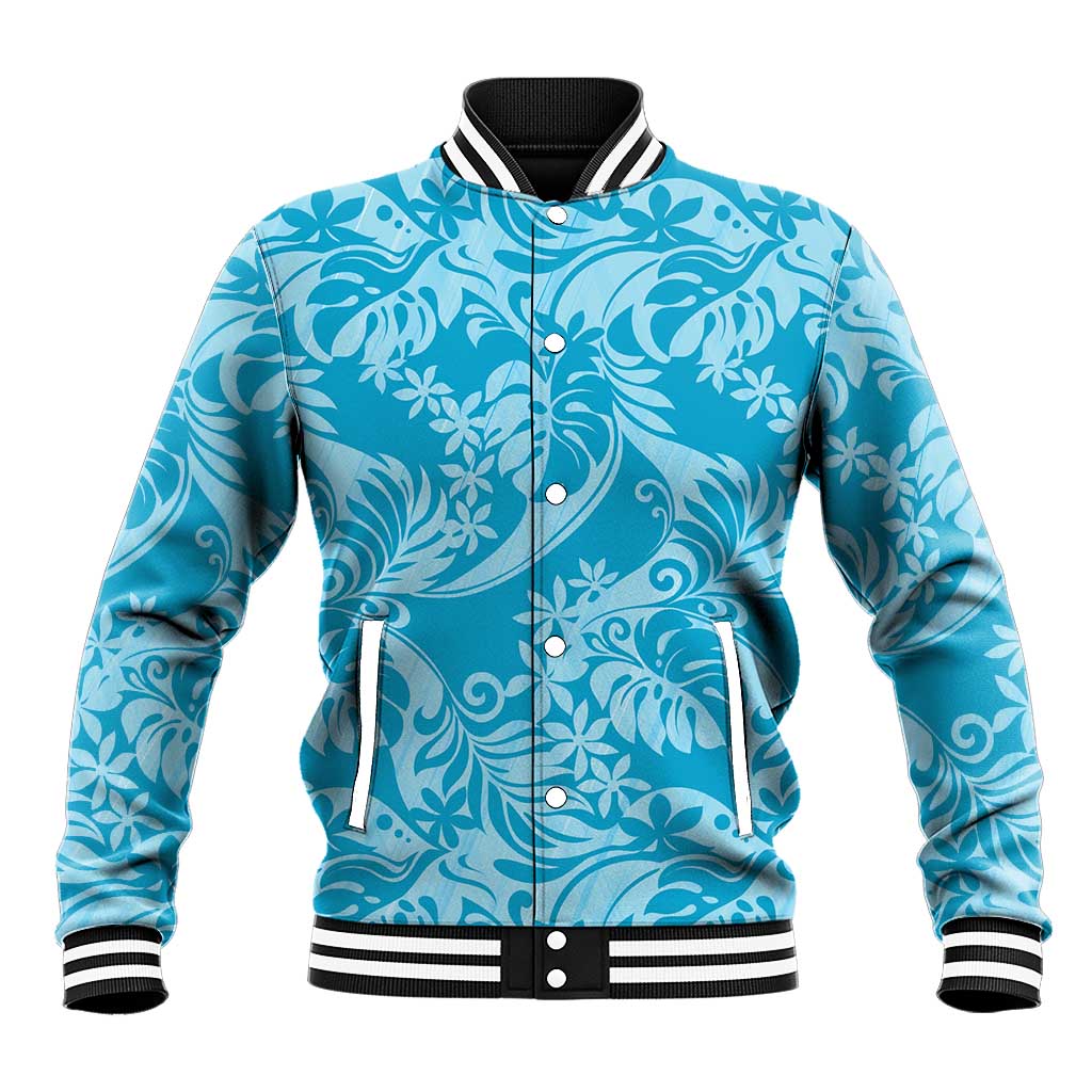Tahiti Ninamu Tiare Floral Baseball Jacket Monstera Palm Tropical Leaves LT01 Unisex Blue - Polynesian Pride