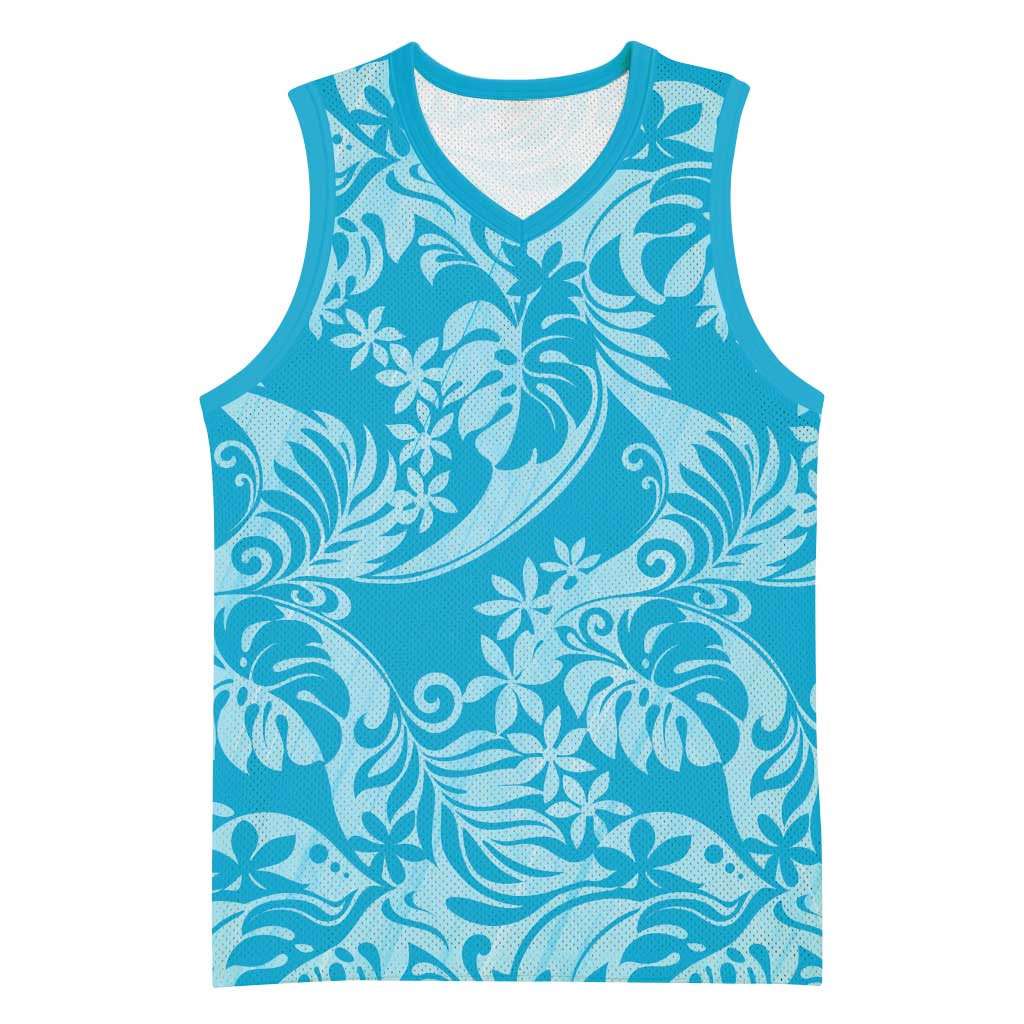 Tahiti Ninamu Tiare Floral Basketball Jersey Monstera Palm Tropical Leaves LT01 Unisex Blue - Polynesian Pride