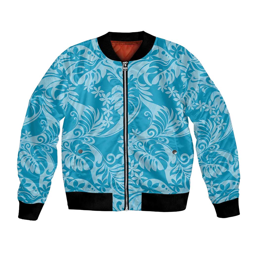 Tahiti Ninamu Tiare Floral Bomber Jacket Monstera Palm Tropical Leaves LT01 Unisex Blue - Polynesian Pride