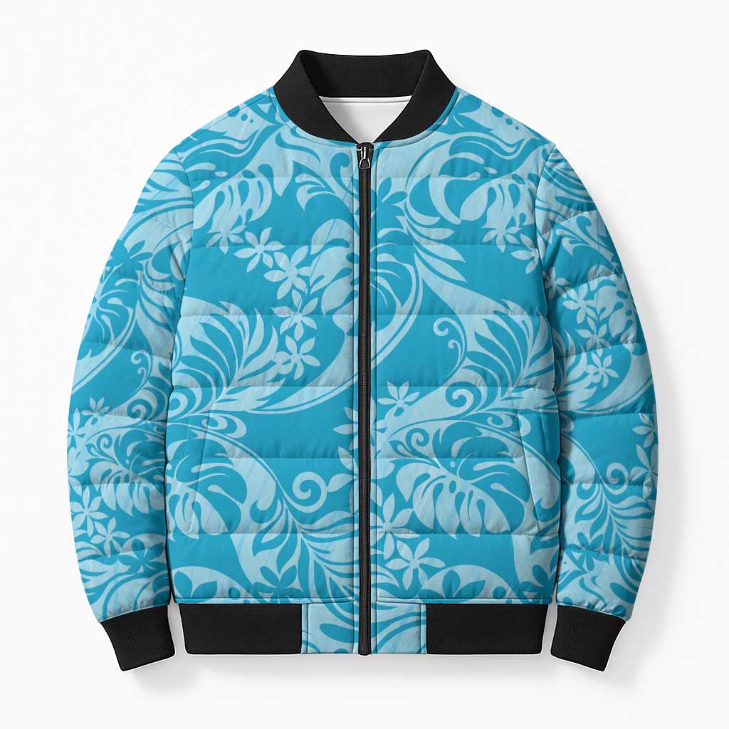 Tahiti Ninamu Tiare Floral Bomber Puffer Jacket Monstera Palm Tropical Leaves LT01 Unisex Blue - Polynesian Pride