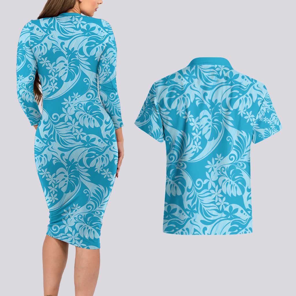 Tahiti Ninamu Tiare Floral Couples Matching Long Sleeve Bodycon Dress and Hawaiian Shirt Monstera Palm Tropical Leaves - Polynesian Pride