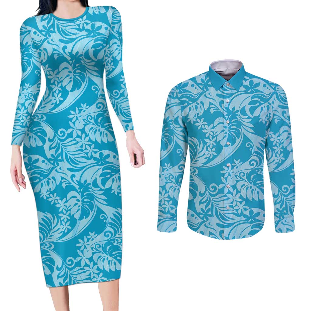 Tahiti Ninamu Tiare Floral Couples Matching Long Sleeve Bodycon Dress and Long Sleeve Button Shirt Monstera Palm Tropical Leaves LT01 Blue - Polynesian Pride