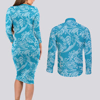 Tahiti Ninamu Tiare Floral Couples Matching Long Sleeve Bodycon Dress and Long Sleeve Button Shirt Monstera Palm Tropical Leaves - Polynesian Pride