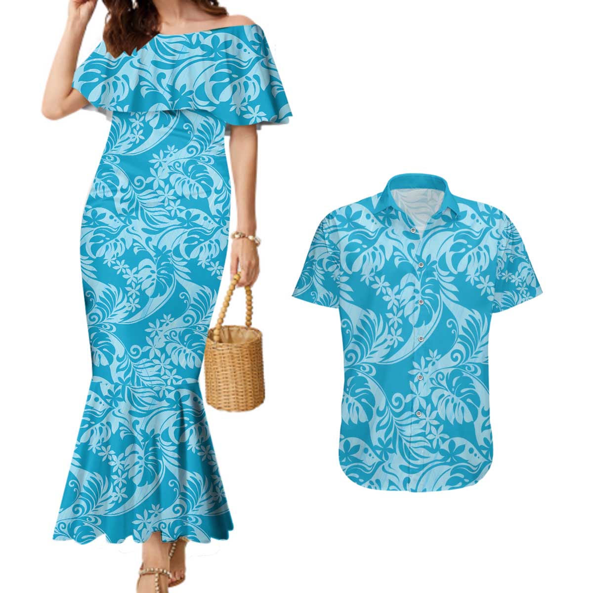 Tahiti Ninamu Tiare Floral Couples Matching Mermaid Dress and Hawaiian Shirt Monstera Palm Tropical Leaves - Polynesian Pride