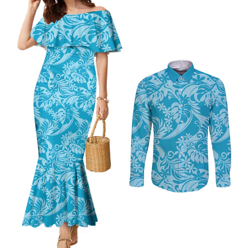 Tahiti Ninamu Tiare Floral Couples Matching Mermaid Dress and Long Sleeve Button Shirt Monstera Palm Tropical Leaves LT01 Blue - Polynesian Pride