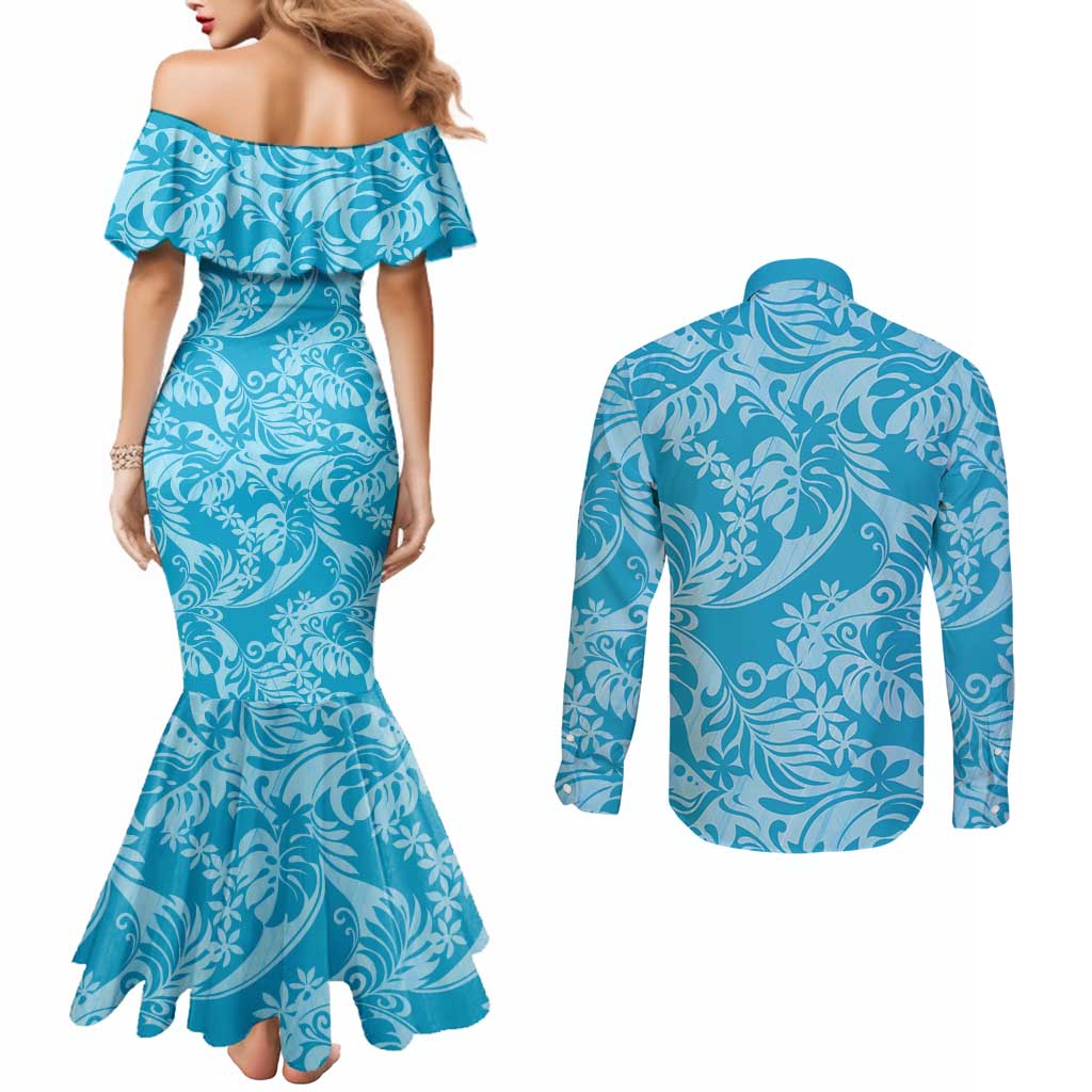 Tahiti Ninamu Tiare Floral Couples Matching Mermaid Dress and Long Sleeve Button Shirt Monstera Palm Tropical Leaves - Polynesian Pride