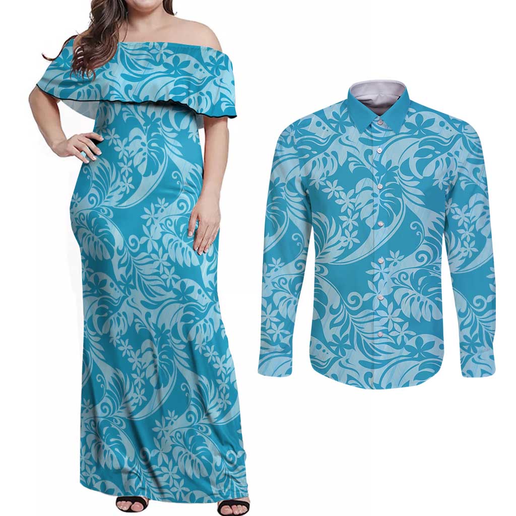 Tahiti Ninamu Tiare Floral Couples Matching Off Shoulder Maxi Dress and Long Sleeve Button Shirt Monstera Palm Tropical Leaves LT01 Blue - Polynesian Pride
