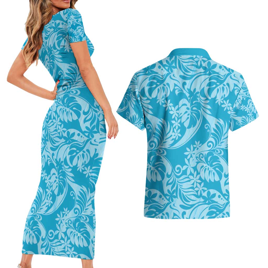 Tahiti Ninamu Tiare Floral Couples Matching Short Sleeve Bodycon Dress and Hawaiian Shirt Monstera Palm Tropical Leaves - Polynesian Pride