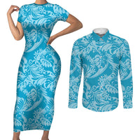 Tahiti Ninamu Tiare Floral Couples Matching Short Sleeve Bodycon Dress and Long Sleeve Button Shirt Monstera Palm Tropical Leaves - Polynesian Pride