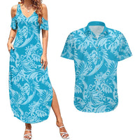 Tahiti Ninamu Tiare Floral Couples Matching Summer Maxi Dress and Hawaiian Shirt Monstera Palm Tropical Leaves - Polynesian Pride