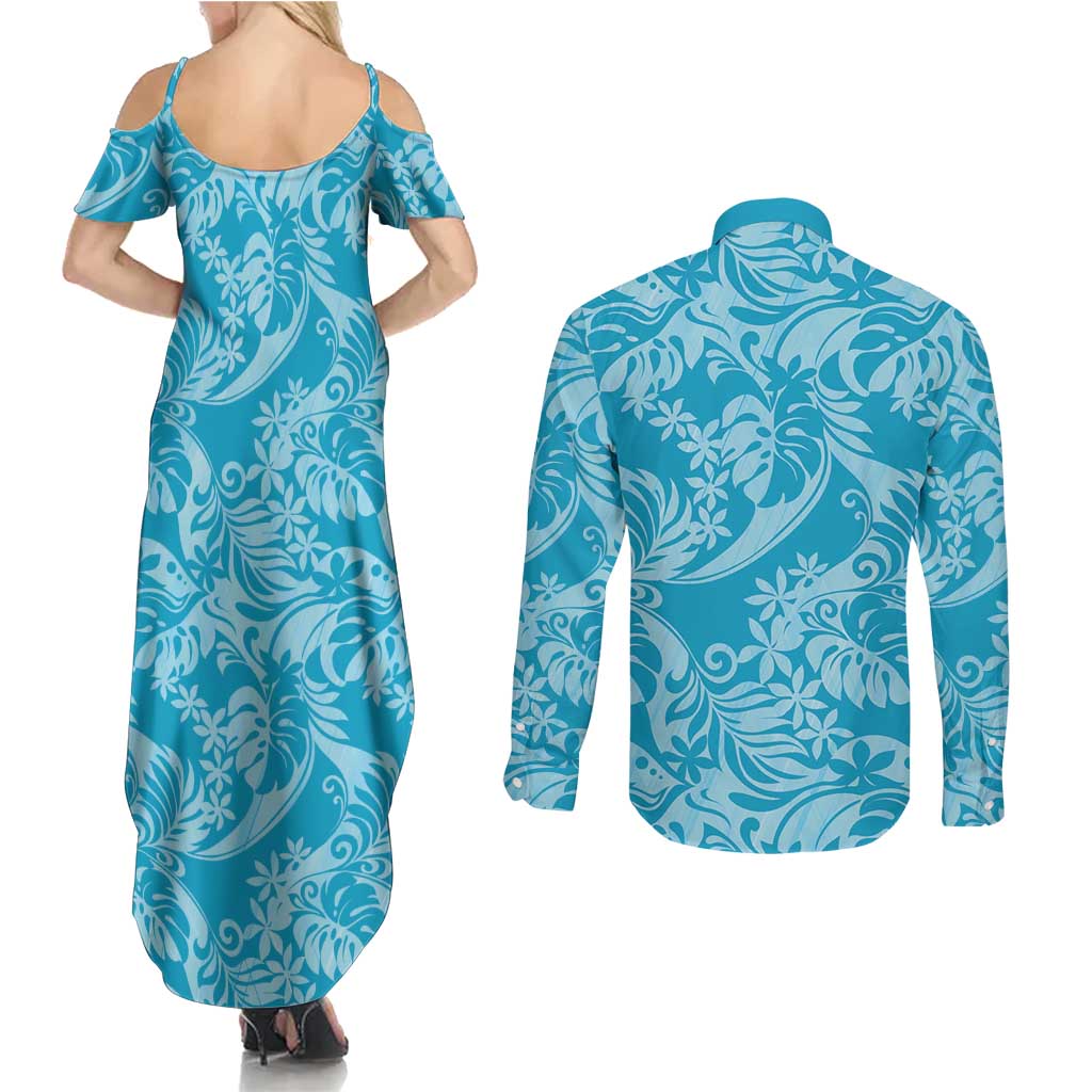 Tahiti Ninamu Tiare Floral Couples Matching Summer Maxi Dress and Long Sleeve Button Shirt Monstera Palm Tropical Leaves - Polynesian Pride