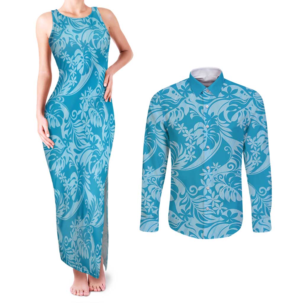 Tahiti Ninamu Tiare Floral Couples Matching Tank Maxi Dress and Long Sleeve Button Shirt Monstera Palm Tropical Leaves LT01 Blue - Polynesian Pride