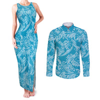 Tahiti Ninamu Tiare Floral Couples Matching Tank Maxi Dress and Long Sleeve Button Shirt Monstera Palm Tropical Leaves - Polynesian Pride