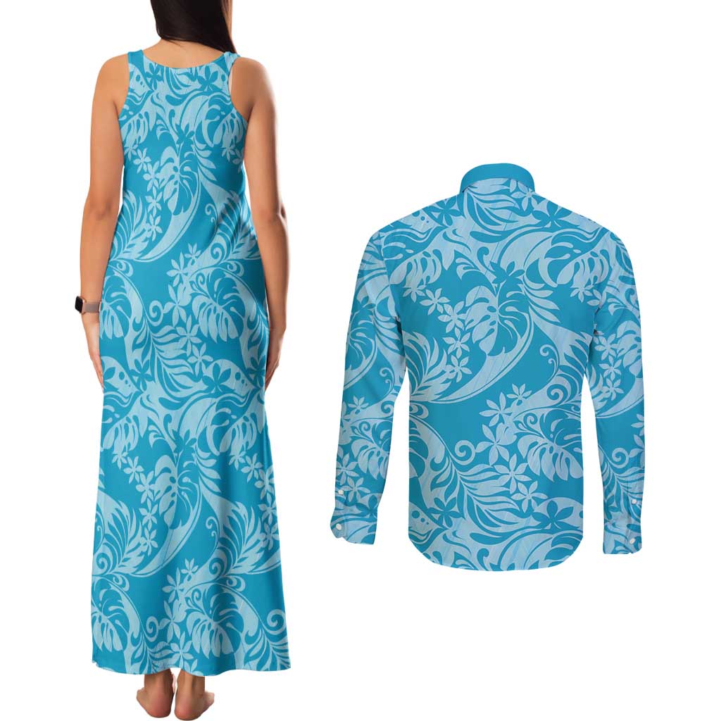Tahiti Ninamu Tiare Floral Couples Matching Tank Maxi Dress and Long Sleeve Button Shirt Monstera Palm Tropical Leaves - Polynesian Pride