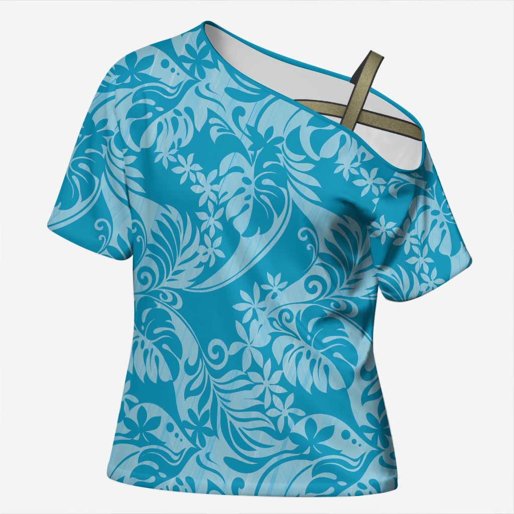 Tahiti Ninamu Tiare Floral Cross Shoulder Shirt Monstera Palm Tropical Leaves LT01 Female Blue - Polynesian Pride