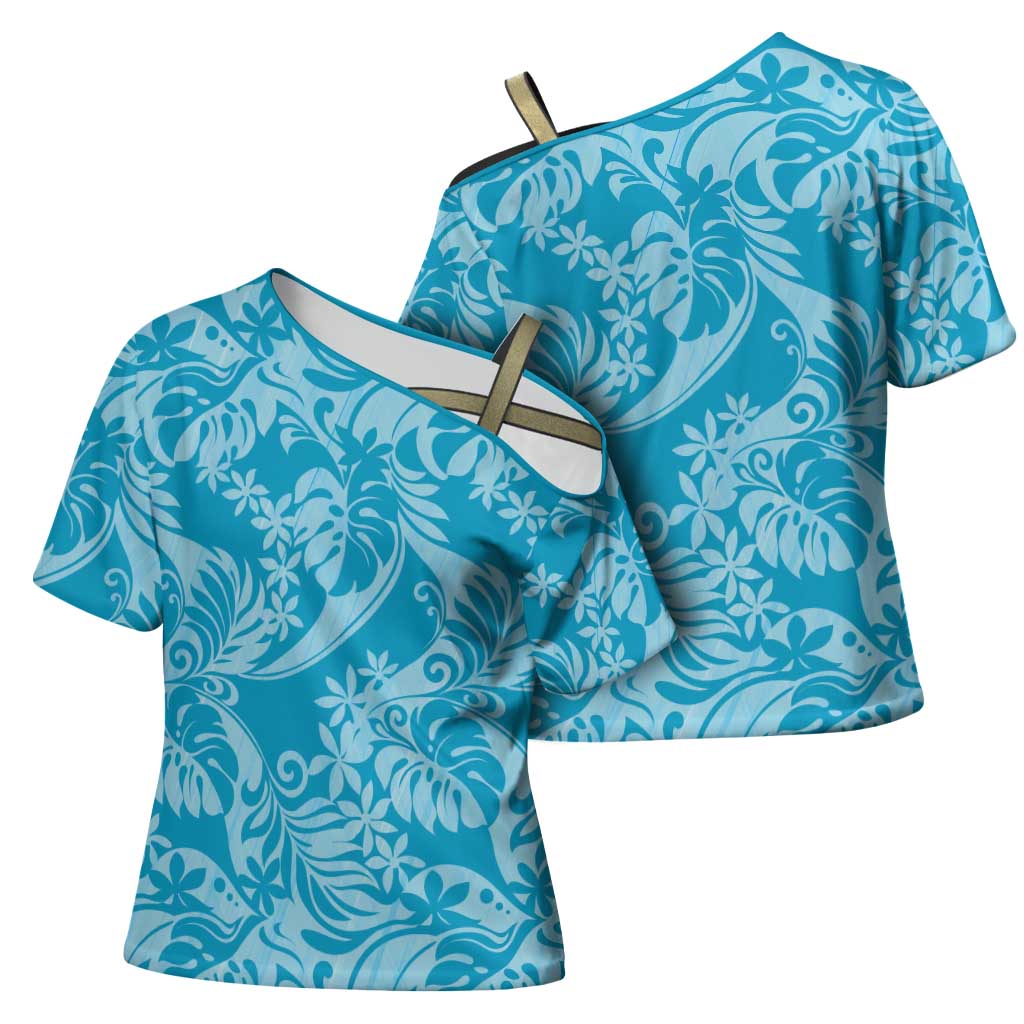 Tahiti Ninamu Tiare Floral Cross Shoulder Shirt Monstera Palm Tropical Leaves LT01 - Polynesian Pride