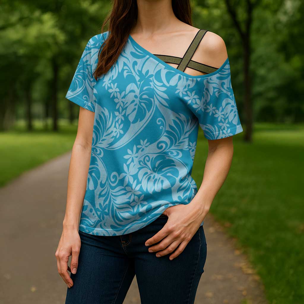 Tahiti Ninamu Tiare Floral Cross Shoulder Shirt Monstera Palm Tropical Leaves LT01 - Polynesian Pride