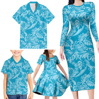 Tahiti Ninamu Tiare Floral Family Matching Long Sleeve Bodycon Dress and Hawaiian Shirt Monstera Palm Tropical Leaves - Polynesian Pride