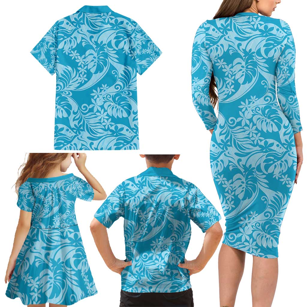 Tahiti Ninamu Tiare Floral Family Matching Long Sleeve Bodycon Dress and Hawaiian Shirt Monstera Palm Tropical Leaves - Polynesian Pride