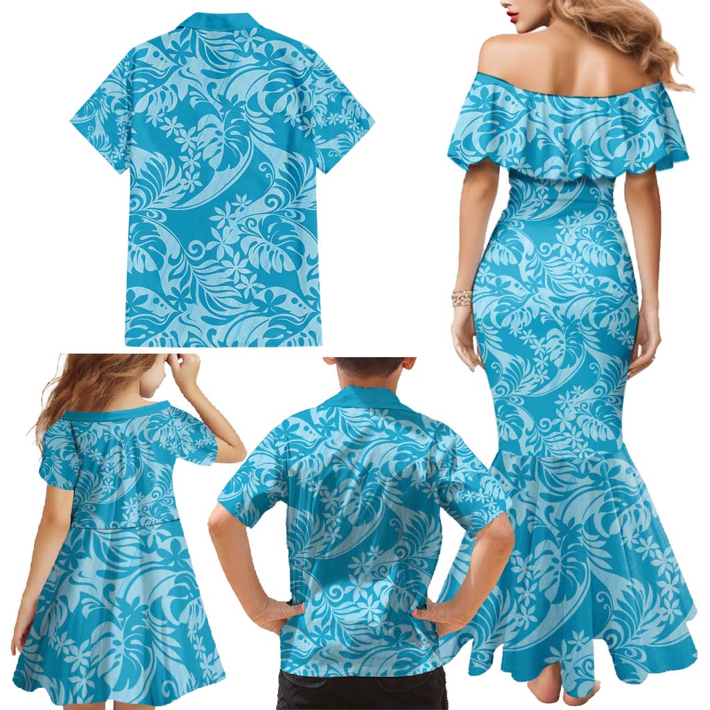 Tahiti Ninamu Tiare Floral Family Matching Mermaid Dress and Hawaiian Shirt Monstera Palm Tropical Leaves - Polynesian Pride
