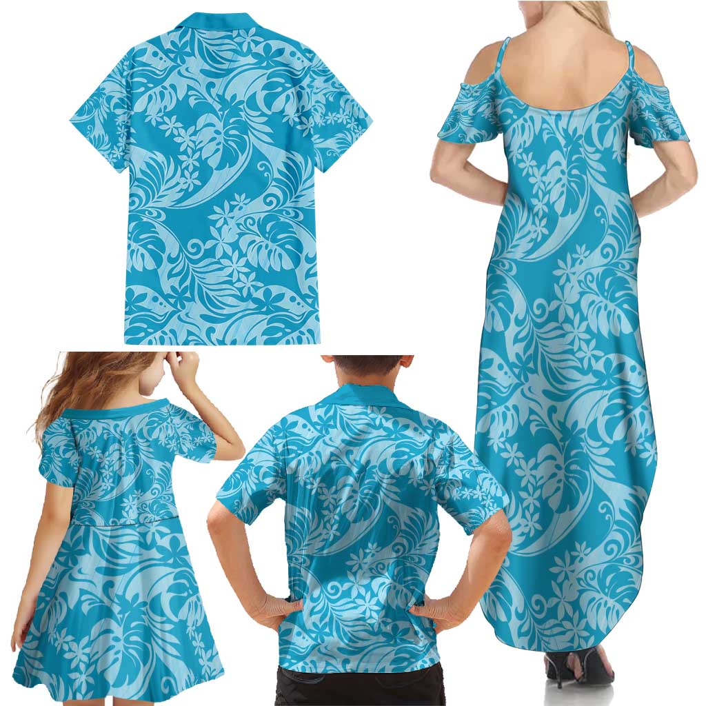 Tahiti Ninamu Tiare Floral Family Matching Summer Maxi Dress and Hawaiian Shirt Monstera Palm Tropical Leaves - Polynesian Pride