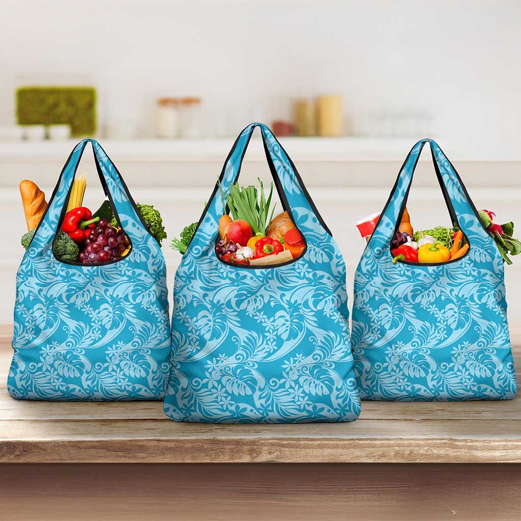 Tahiti Ninamu Tiare Floral Grocery Bag Monstera Palm Tropical Leaves LT01 3-pack One Size Blue - Polynesian Pride