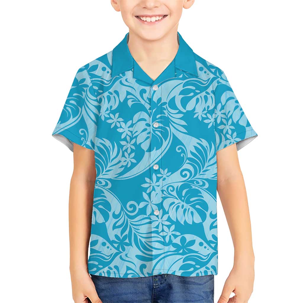 Tahiti Ninamu Tiare Floral Kid Hawaiian Shirt Monstera Palm Tropical Leaves LT01 Kid Blue - Polynesian Pride
