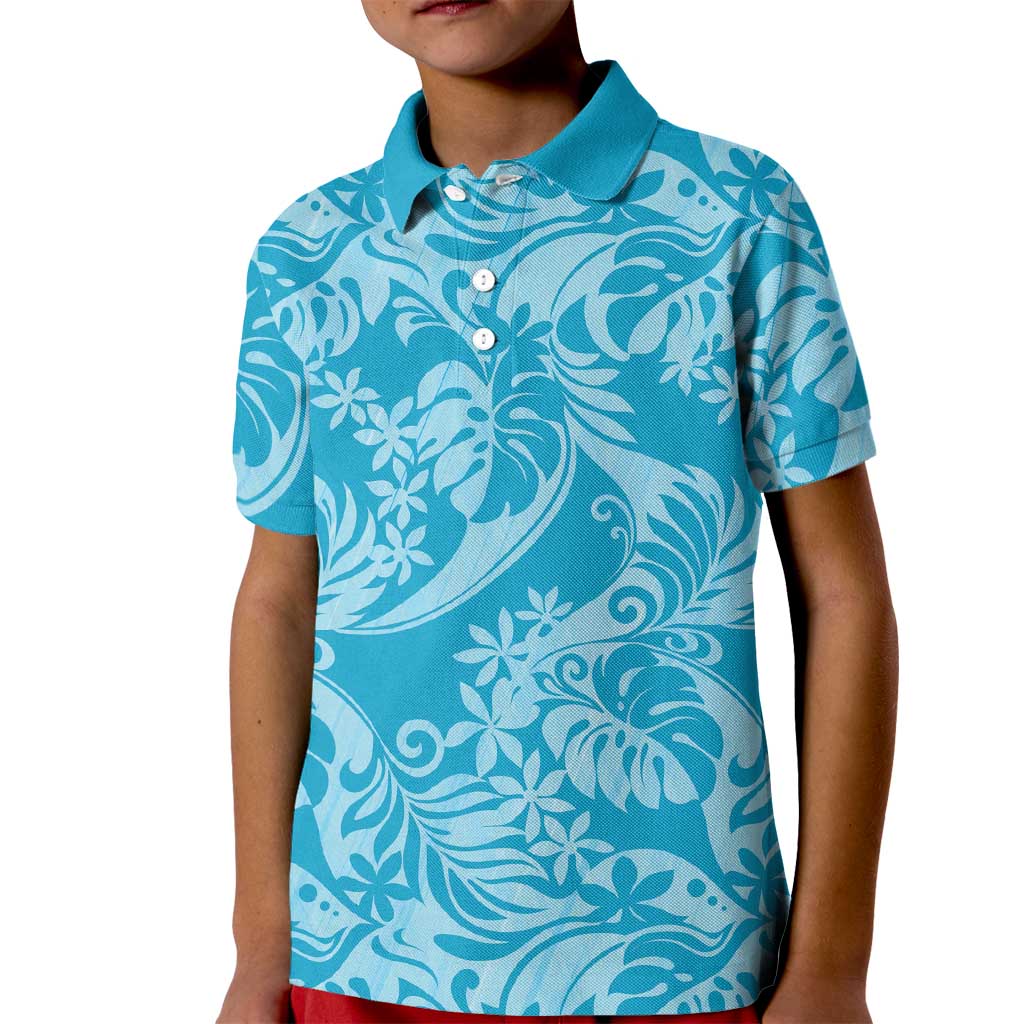 Tahiti Ninamu Tiare Floral Kid Polo Shirt Monstera Palm Tropical Leaves LT01 Kid Blue - Polynesian Pride