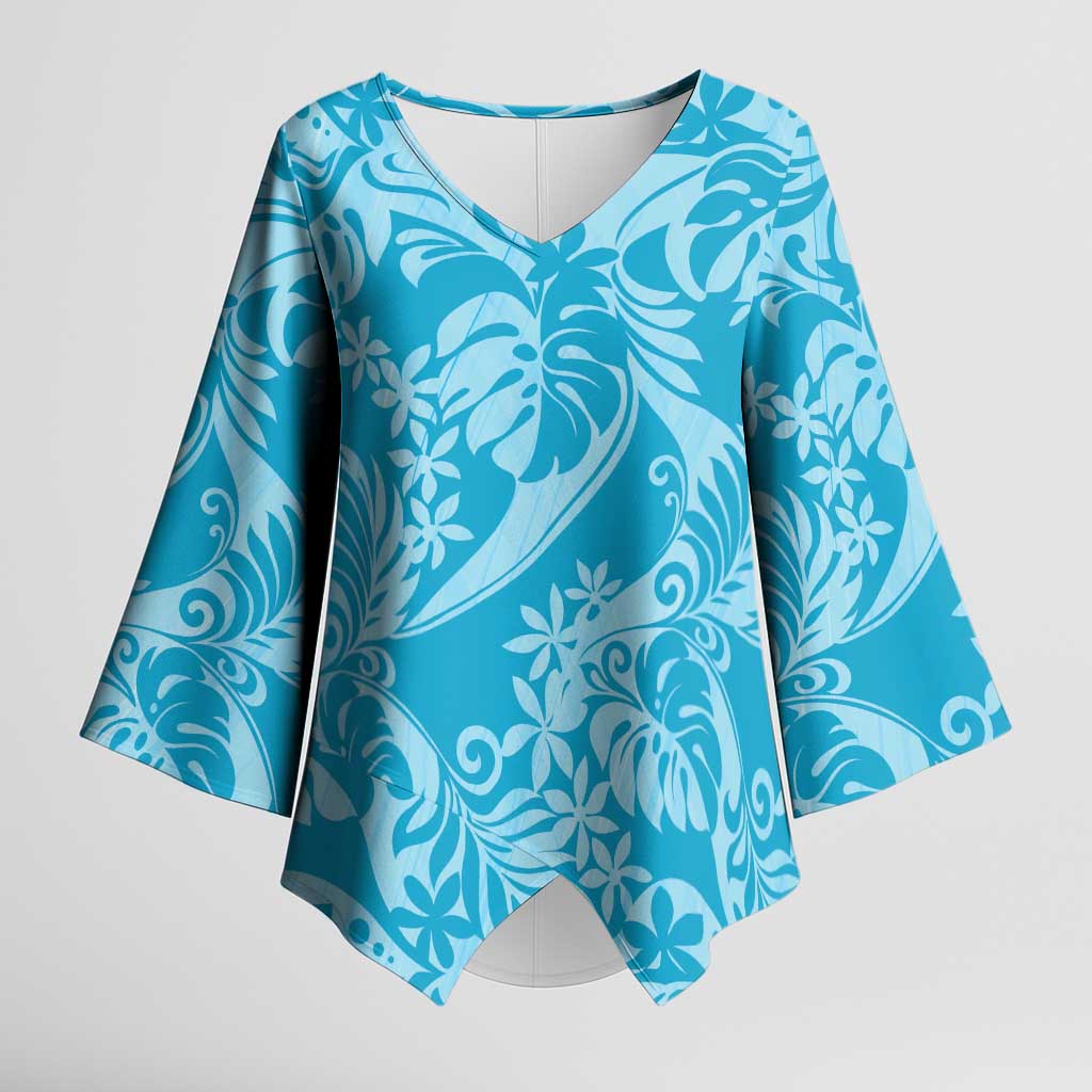 Tahiti Ninamu Tiare Floral Kimono Sleeve Blouse Monstera Palm Tropical Leaves LT01 Female Blue - Polynesian Pride