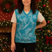 Tahiti Ninamu Tiare Floral Christmas Knitted V-Neck Vest Monstera Palm Tropical Leaves - Polynesian Pride