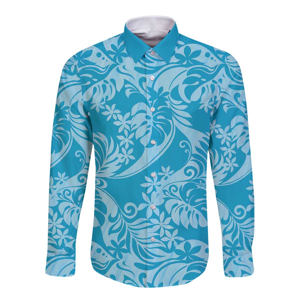 Tahiti Ninamu Tiare Floral Long Sleeve Button Shirt Monstera Palm Tropical Leaves LT01 Unisex Blue - Polynesian Pride