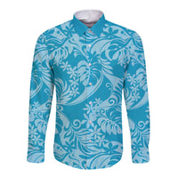 Tahiti Ninamu Tiare Floral Long Sleeve Button Shirt Monstera Palm Tropical Leaves LT01 Unisex Blue - Polynesian Pride