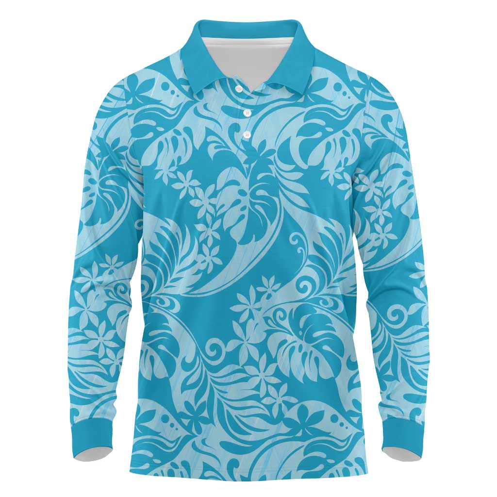 Tahiti Ninamu Tiare Floral Long Sleeve Polo Shirt Monstera Palm Tropical Leaves LT01 Blue - Polynesian Pride